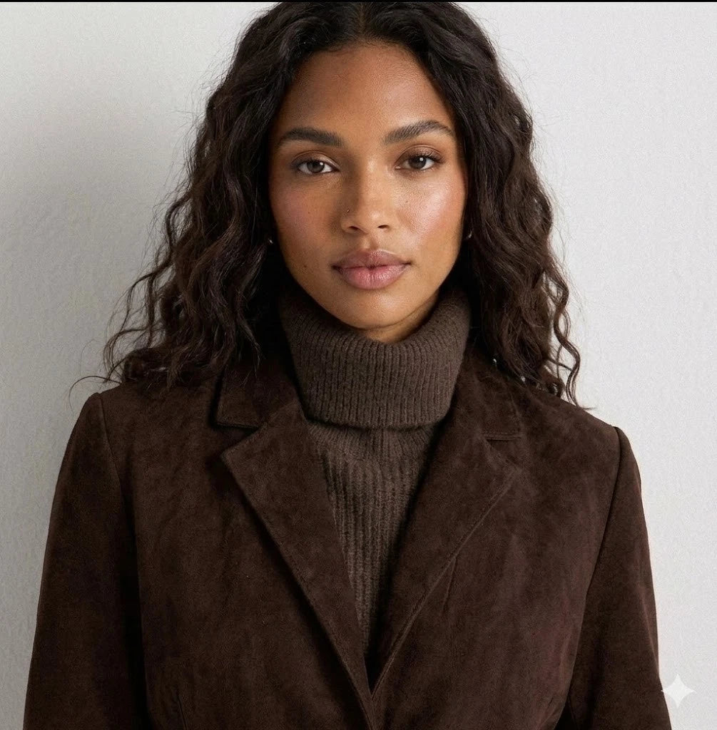 Women's Premium Brown Suede Leather Blazer — Classic Two-Button Tailored Jacket