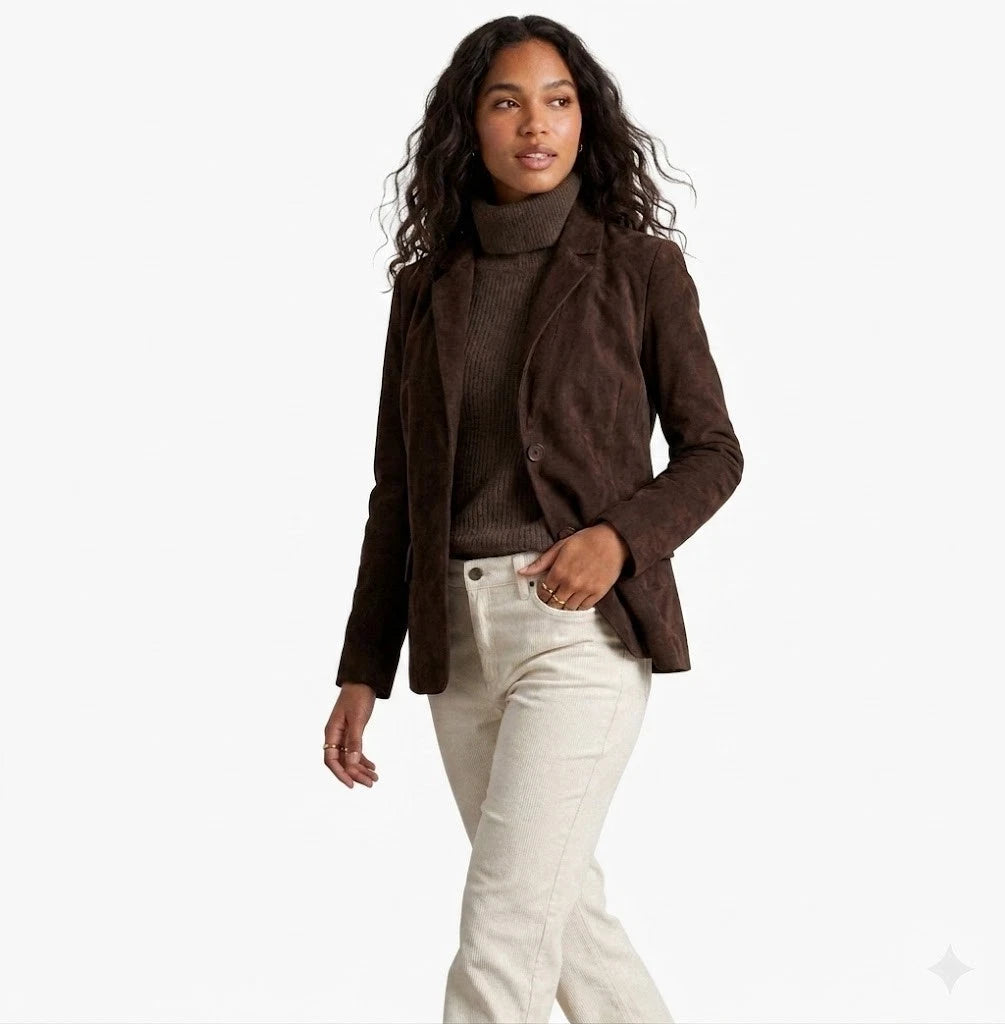 Women's Premium Brown Suede Leather Blazer — Classic Two-Button Tailored Jacket