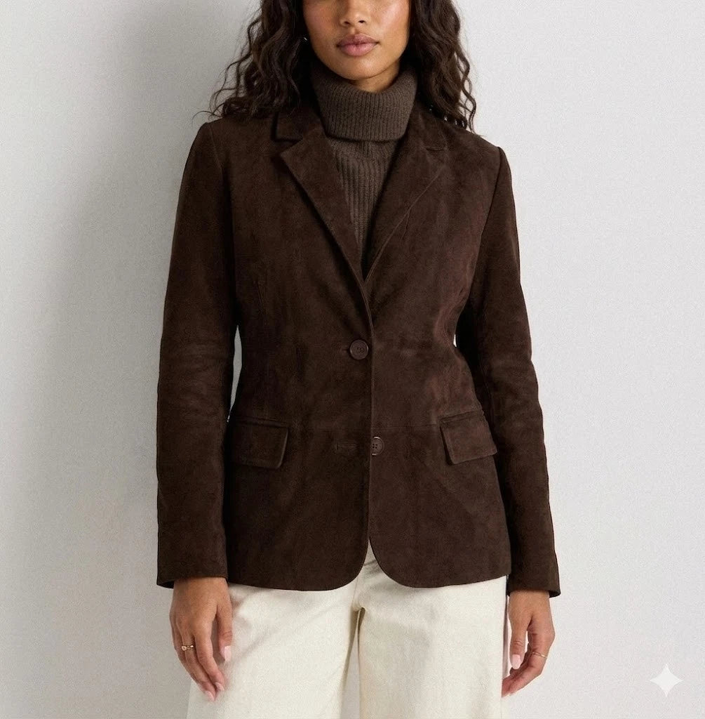 Women's Premium Brown Suede Leather Blazer — Classic Two-Button Tailored Jacket