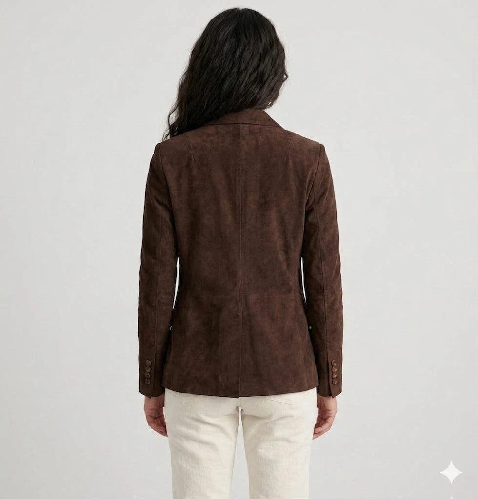 Women's Premium Brown Suede Leather Blazer — Classic Two-Button Tailored Jacket
