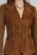 Women's tan suede blazer with leather trim — three-button fitted jacket in cognac