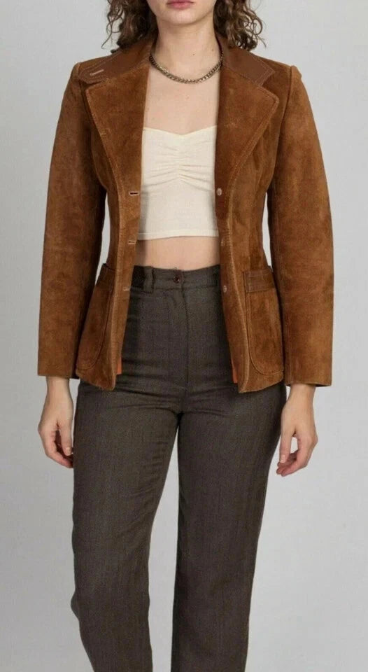 Women's Premium Brown Suede Leather Blazer — Three-Button Jacket with Leather Trim