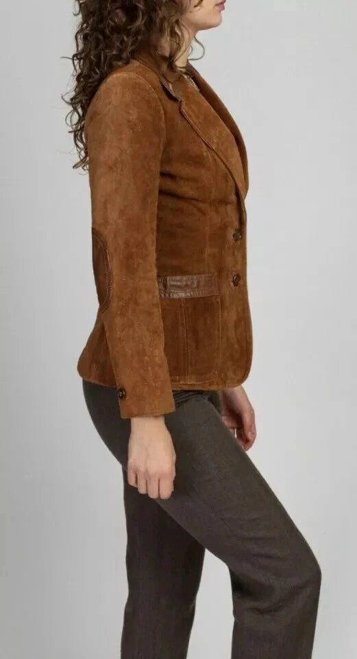 Women's Premium Brown Suede Leather Blazer — Three-Button Jacket with Leather Trim