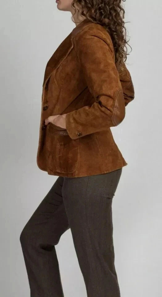Women's Premium Brown Suede Leather Blazer — Three-Button Jacket with Leather Trim