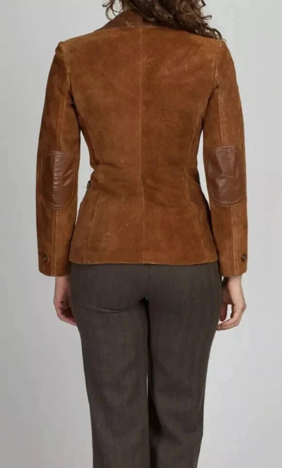Women's Premium Brown Suede Leather Blazer — Three-Button Jacket with Leather Trim