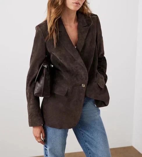 Women's Premium Dark Brown Original Suede Leather Blazer — Oversized Single-Button Jacket