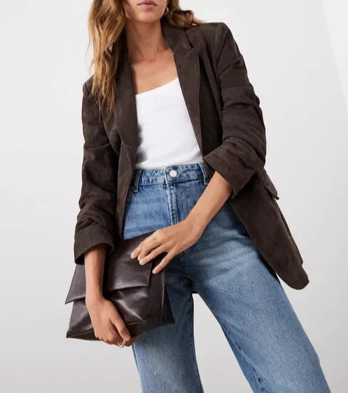 Women's Premium Dark Brown Original Suede Leather Blazer — Oversized Single-Button Jacket