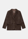 Women's dark brown suede oversized blazer — single-button notch lapel jacket