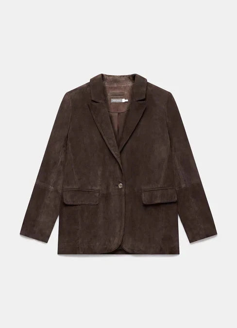 Women's dark brown suede oversized blazer — single-button notch lapel jacket