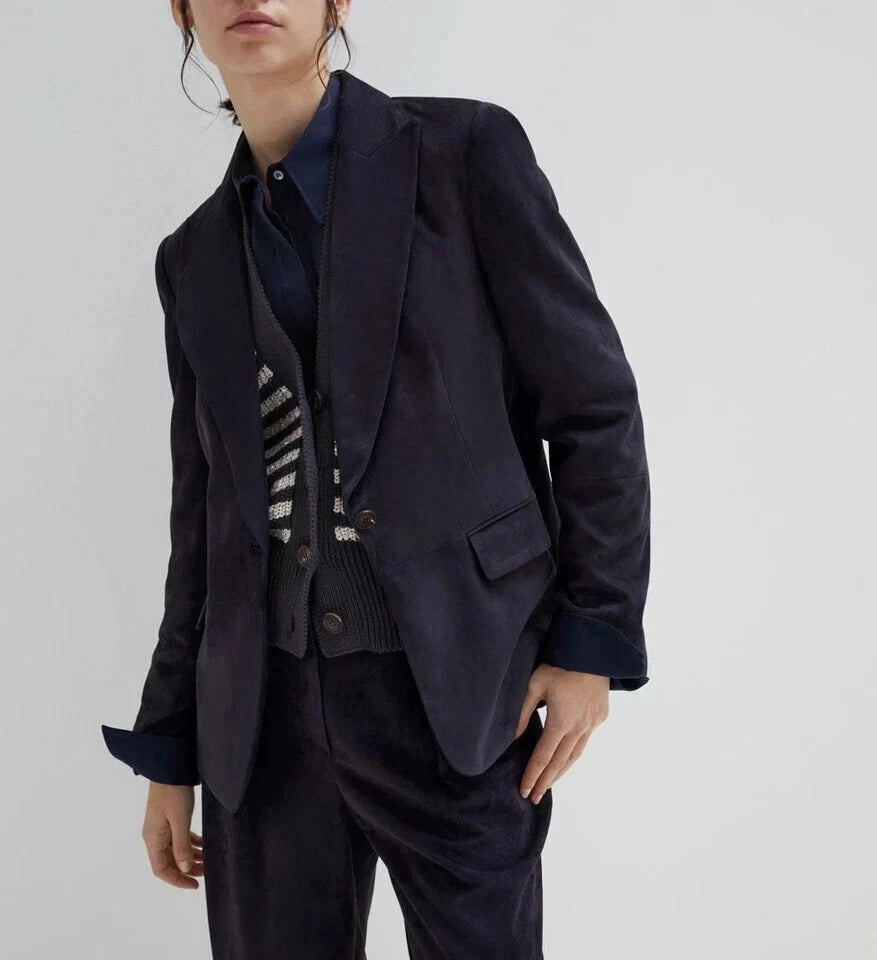 Women's navy suede blazer — relaxed open-front peak lapel jacket