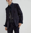 Women's navy suede blazer — relaxed open-front peak lapel jacket