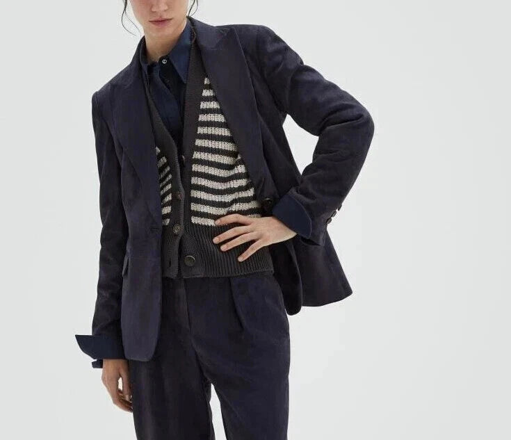 Women's Premium Navy Blue Suede Original Leather Blazer — Relaxed Open-Front Jacket
