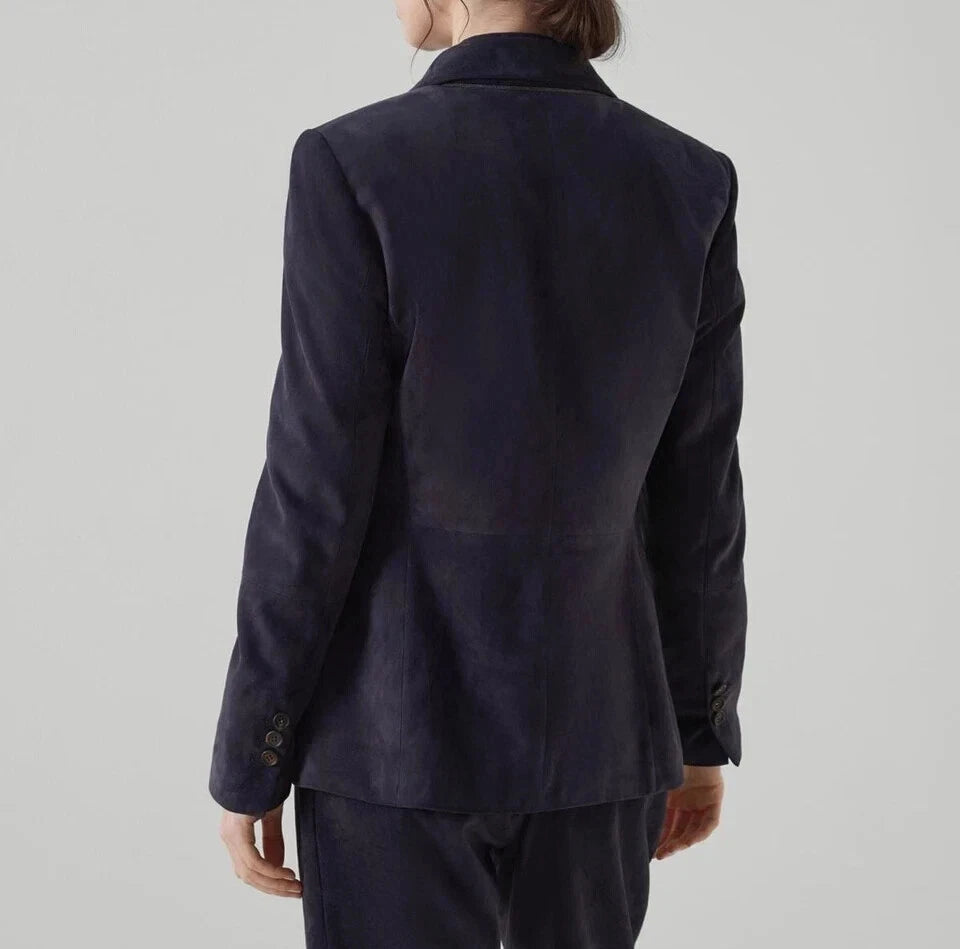 Women's Premium Navy Blue Suede Original Leather Blazer — Relaxed Open-Front Jacket