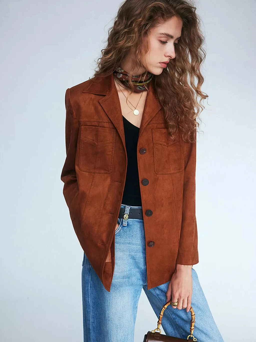 Women's rust suede blazer — relaxed four-button jacket with dual chest patch pockets