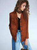 Women's rust suede blazer — relaxed four-button jacket with dual chest patch pockets