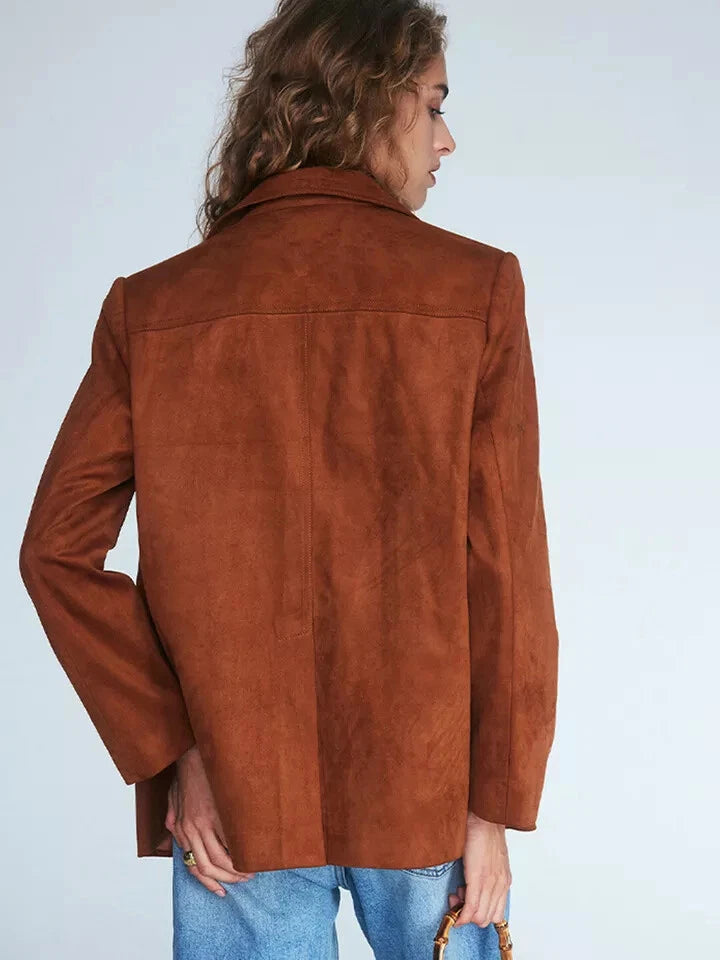 Women's Premium Brown Original Suede Leather Blazer — Relaxed Four-Button Jacket with Chest Pockets