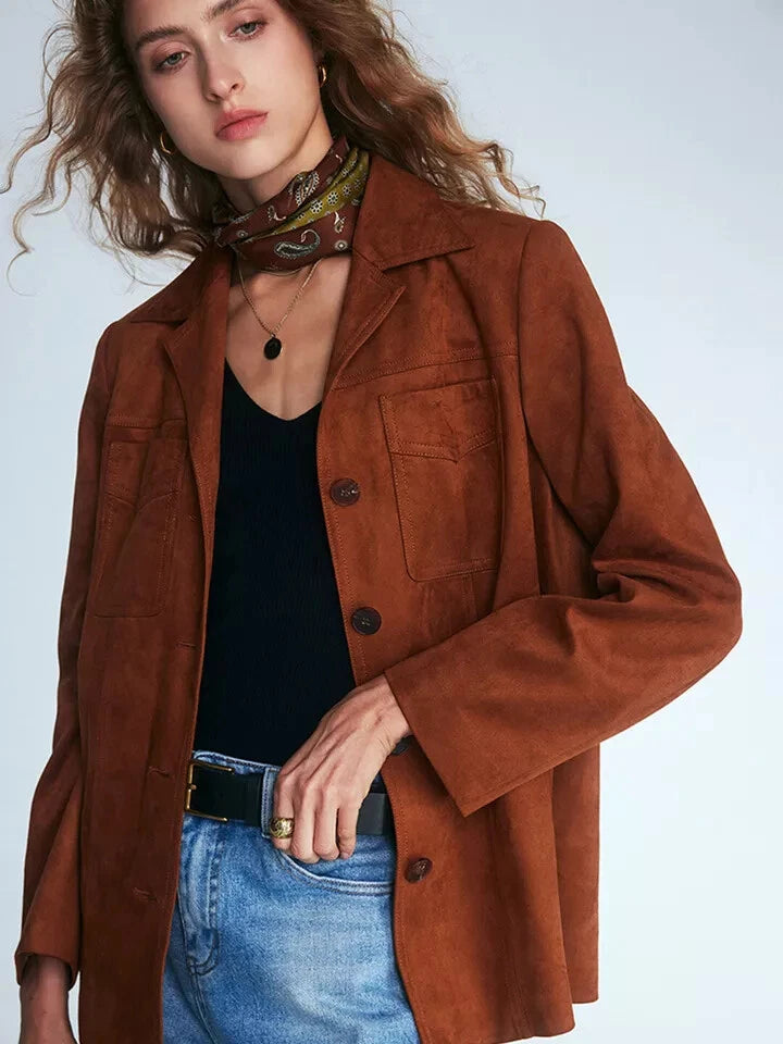 Women's Premium Brown Original Suede Leather Blazer — Relaxed Four-Button Jacket with Chest Pockets