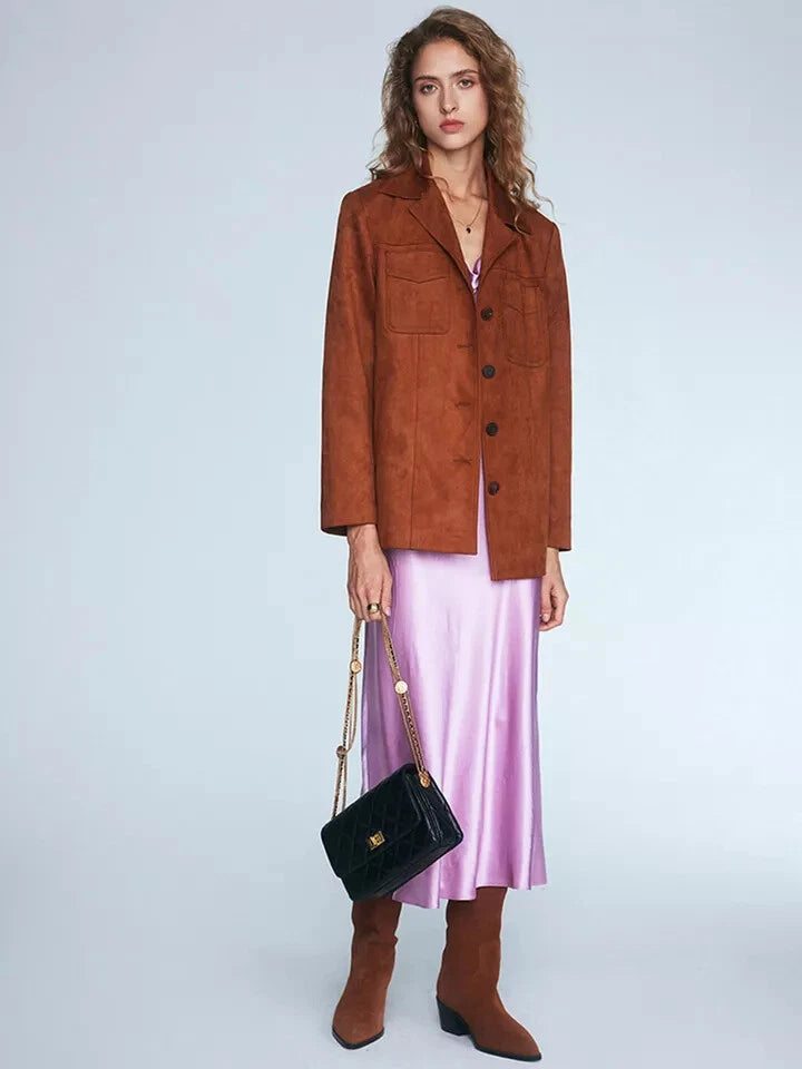 Women's Premium Brown Original Suede Leather Blazer — Relaxed Four-Button Jacket with Chest Pockets