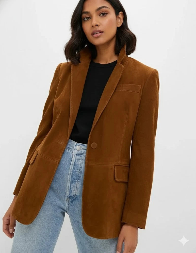 Women's caramel suede blazer — single-button peak lapel tailored jacket with flap pockets