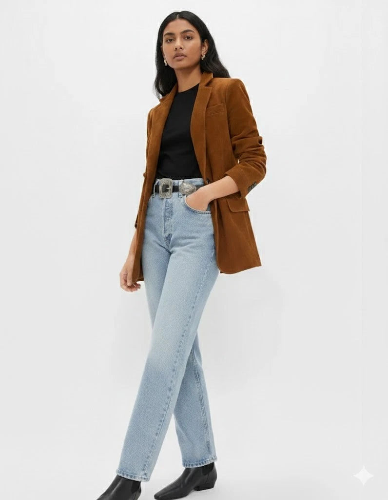Women's Premium Brown Original Suede Leather Blazer — Single-Button Tailored Jacket with Flap Pockets