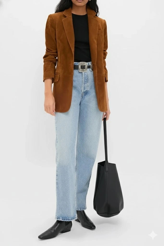 Women's Premium Brown Original Suede Leather Blazer — Single-Button Tailored Jacket with Flap Pockets