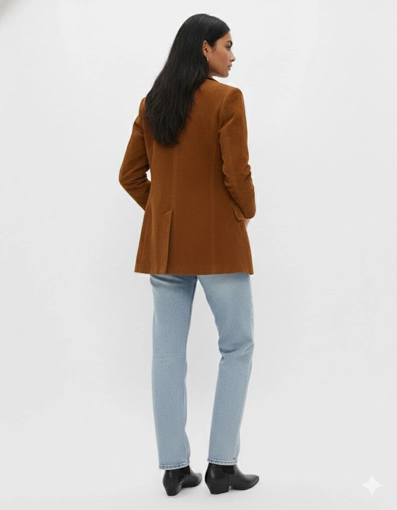 Women's Premium Brown Original Suede Leather Blazer — Single-Button Tailored Jacket with Flap Pockets