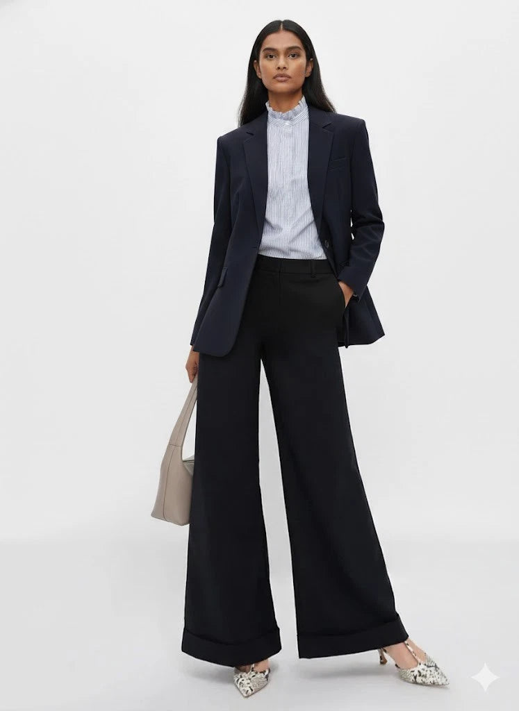 Women's Premium Navy Blue Original Suede Leather Blazer — Single-Button Longline Jacket