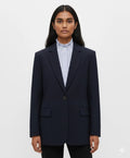 Women's navy blue oversized blazer — single-button longline notch lapel jacket