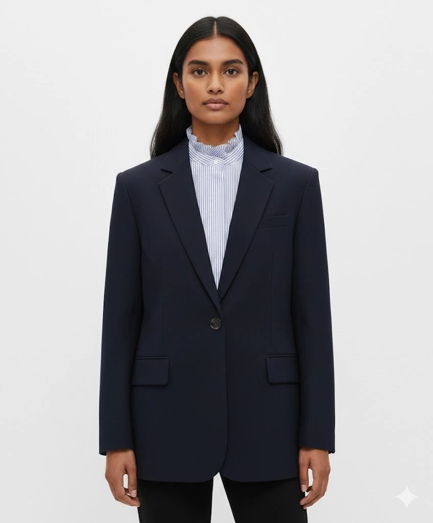 Women's navy blue oversized blazer — single-button longline notch lapel jacket