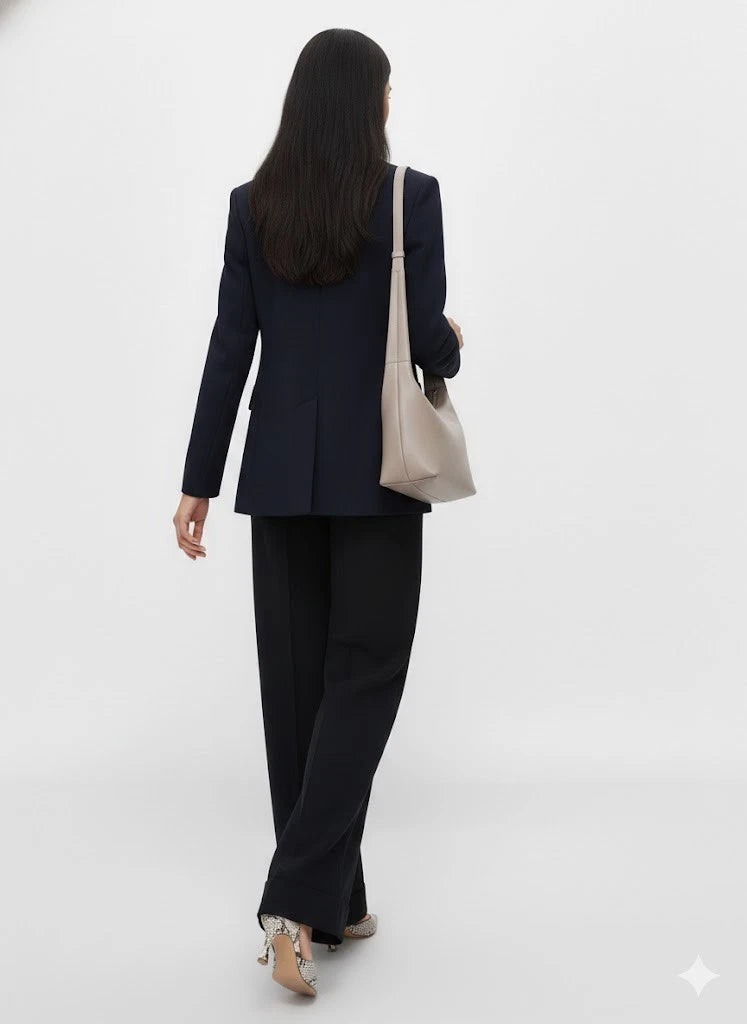 Women's Premium Navy Blue Original Suede Leather Blazer — Single-Button Longline Jacket