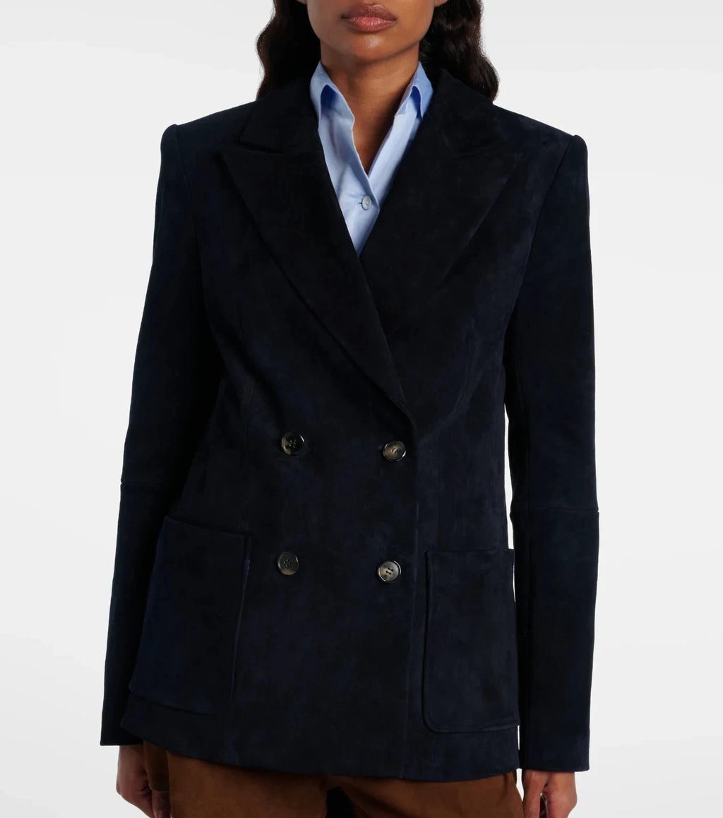 Women's navy suede double-breasted blazer — structured four-button tailored jacket