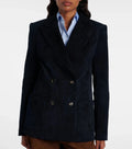 Women's navy suede double-breasted blazer — structured four-button tailored jacket