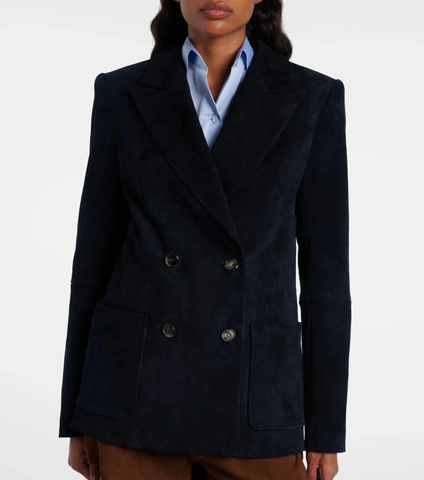 Women's navy suede double-breasted blazer — structured four-button tailored jacket