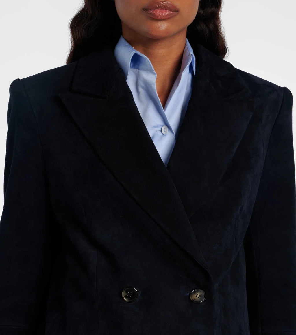 Women's Premium Navy Blue Original Suede Leather Double-Breasted Blazer — Structured Tailored Jacket