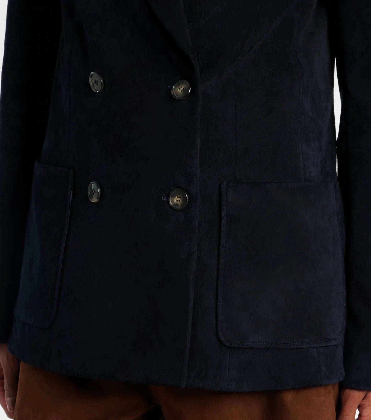 Women's Premium Navy Blue Original Suede Leather Double-Breasted Blazer — Structured Tailored Jacket