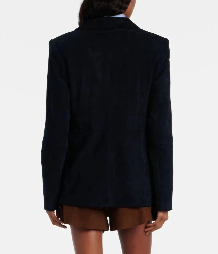 Women's Premium Navy Blue Original Suede Leather Double-Breasted Blazer — Structured Tailored Jacket