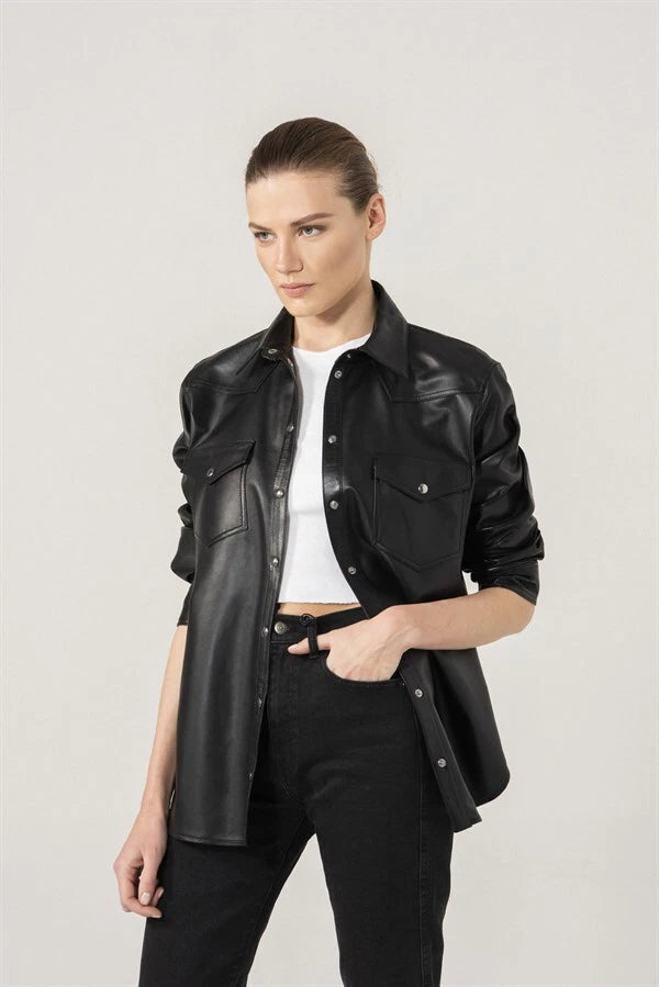 Women's black leather shirt jacket — snap-button overshirt with dual chest patch pockets