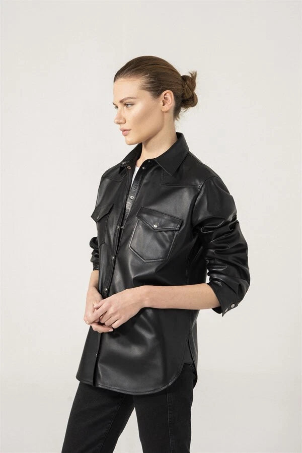 Women's Premium Black Original Leather Shirt Jacket — Snap-Button Overshirt with Chest Pockets
