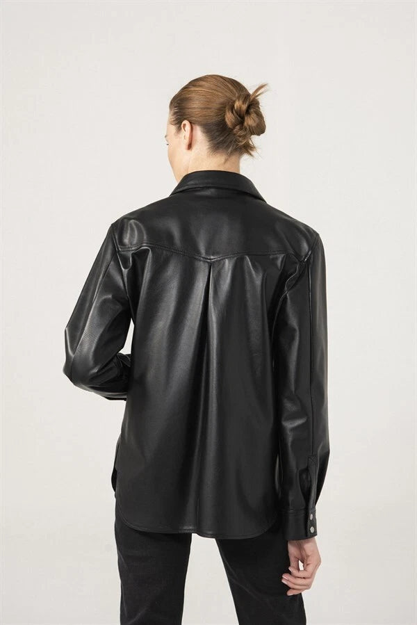 Women's Premium Black Original Leather Shirt Jacket — Snap-Button Overshirt with Chest Pockets