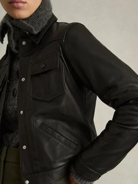 Women's Premium Black Original Leather Trucker Jacket — Cropped Snap-Button Jacket with Multi-Pockets