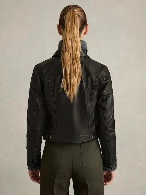 Women's Premium Black Original Leather Trucker Jacket — Cropped Snap-Button Jacket with Multi-Pockets