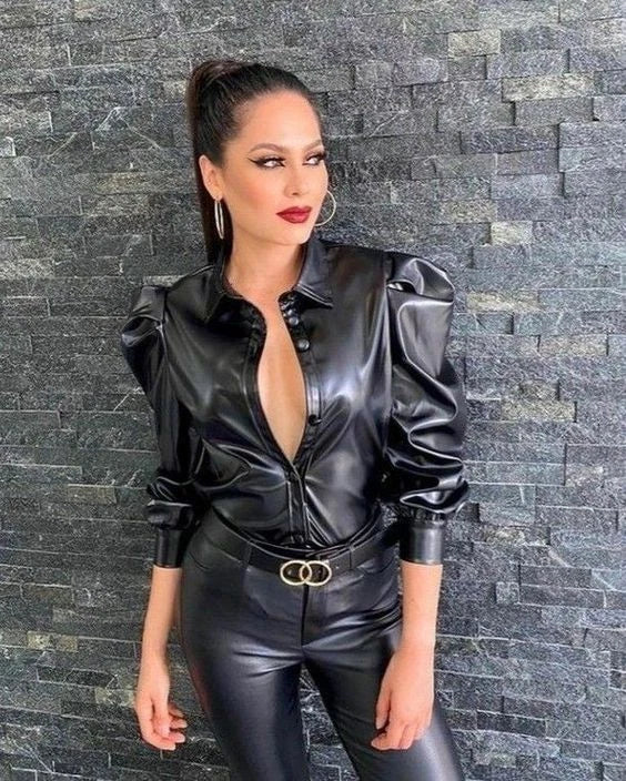 Women's black leather puff sleeve shirt — deep V button-up with structured puff shoulders