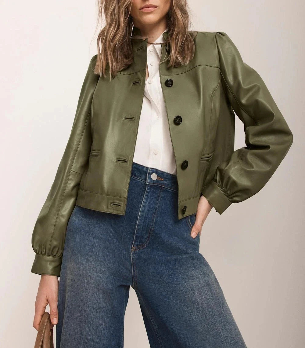Women's Premium Green Original Leather Jacket — Puff Sleeve Band Collar with Hip Pockets