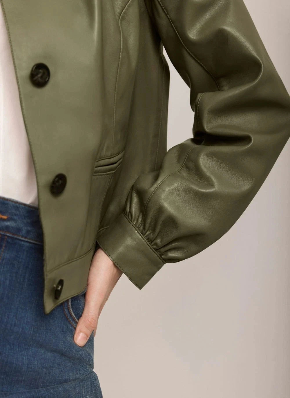 Women's Premium Green Original Leather Jacket — Puff Sleeve Band Collar with Hip Pockets