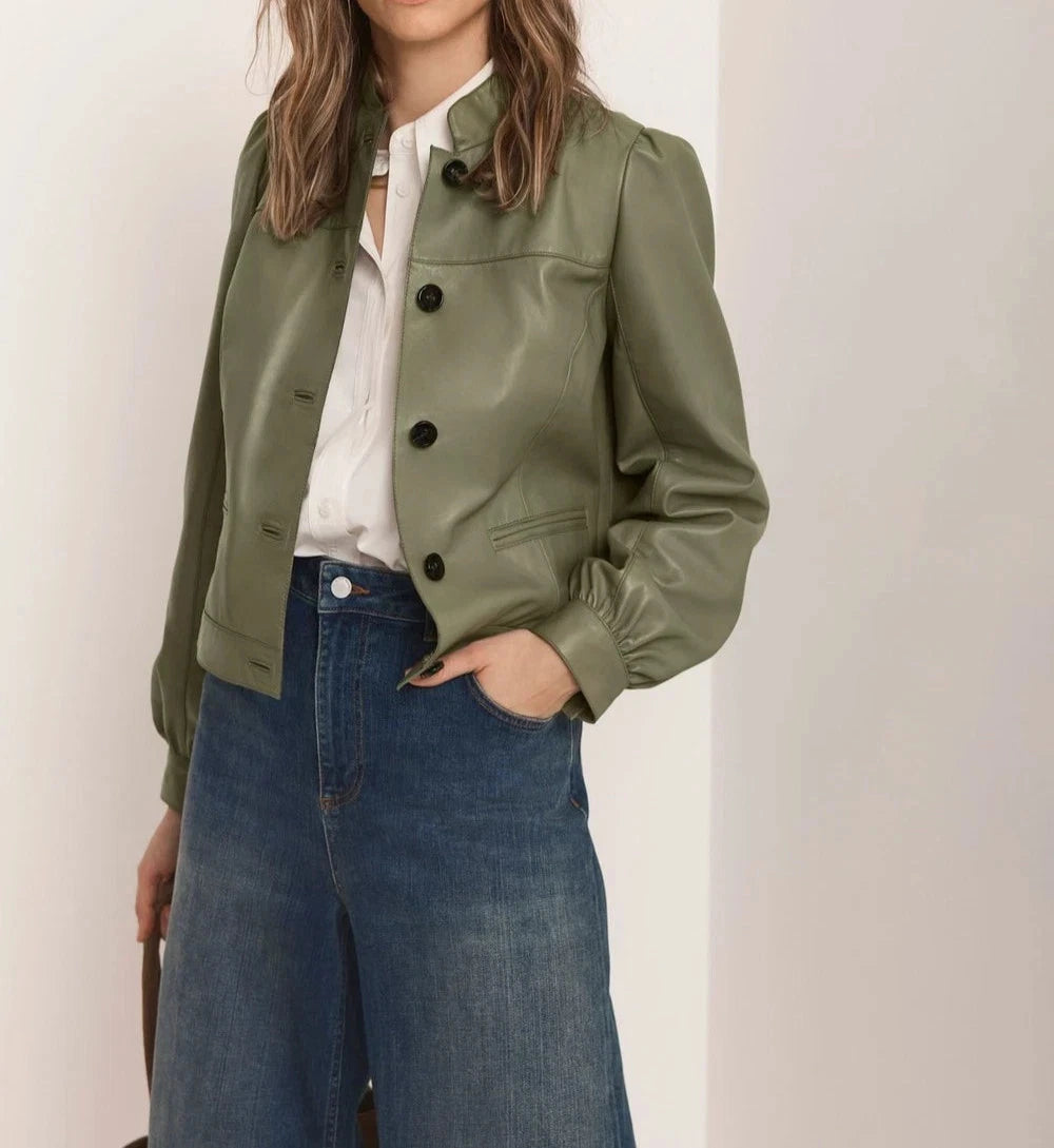 Women's Premium Green Original Leather Jacket — Puff Sleeve Band Collar with Hip Pockets