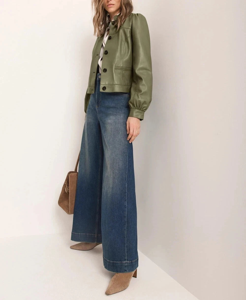 Women's Premium Green Original Leather Jacket — Puff Sleeve Band Collar with Hip Pockets