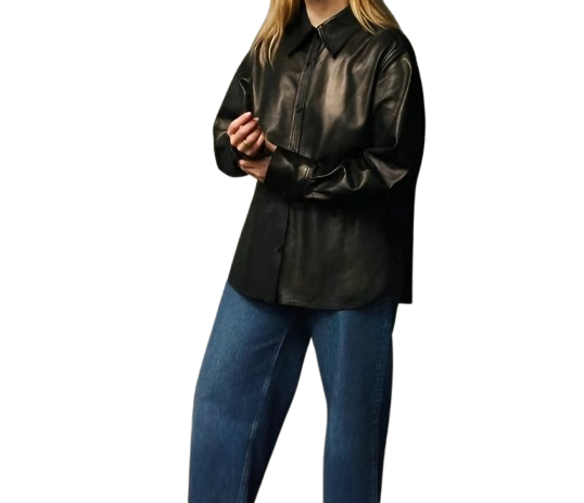 Women's black leather oversized shirt with drop shoulders and concealed button front