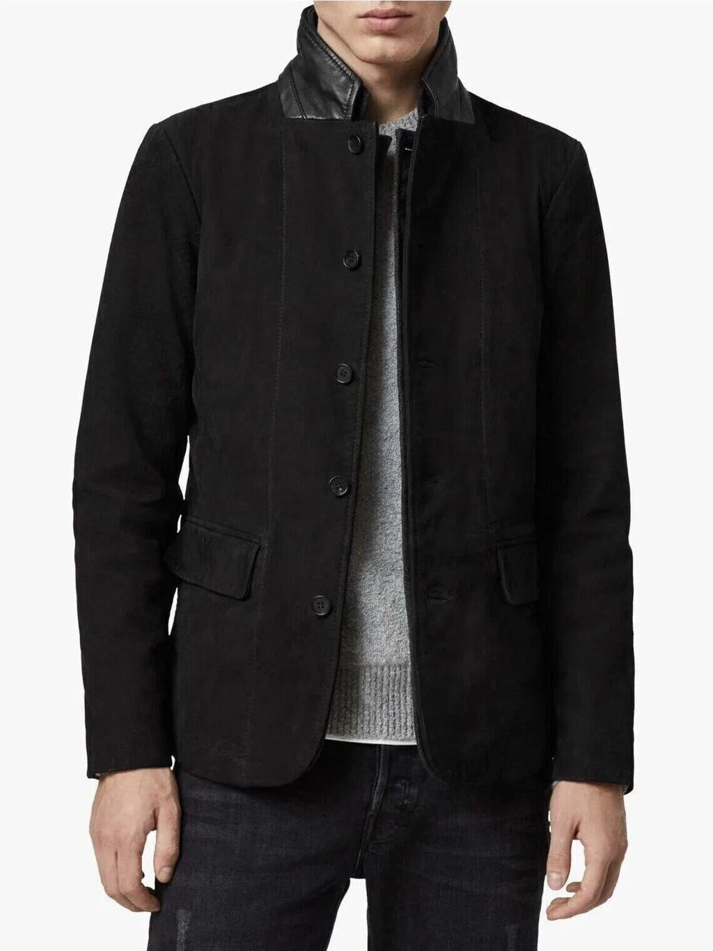 Black tailored button-front jacket with stand collar and front flap pockets