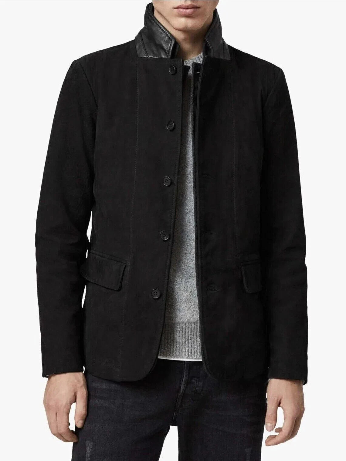 Black tailored button-front jacket with stand collar and front flap pockets