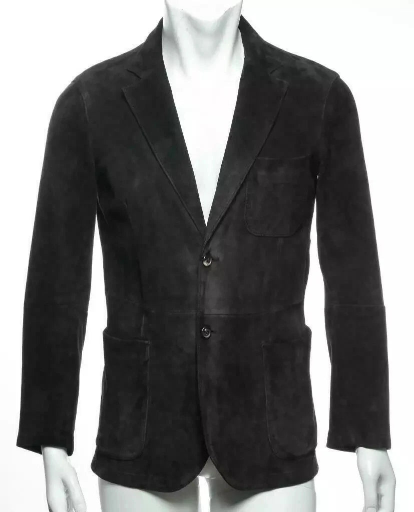 Black tailored blazer with notched lapel, two-button closure, chest pocket, and front flap pockets